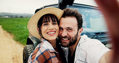 Buy stock photo Selfie, travel and couple with smile, love and memory with anniversary, photography and road trip. Happiness, outdoor and man with woman, profile picture and adventure with journey and countryside
