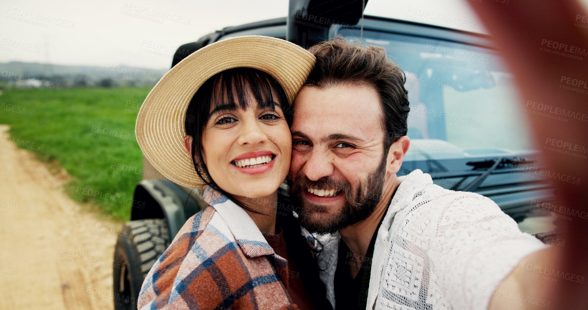Buy stock photo Selfie, travel and couple with smile, love and memory with anniversary, photography and road trip. Happiness, outdoor and man with woman, profile picture and adventure with journey and countryside