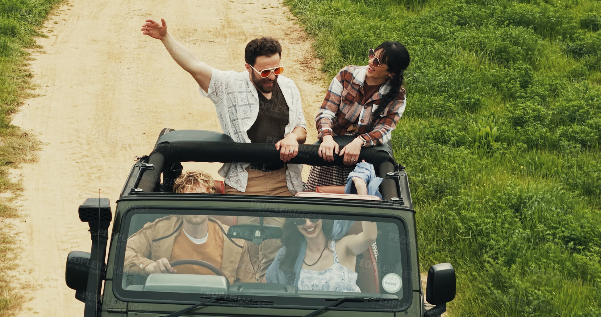 Buy stock photo Travel, people and car with freedom for road trip, adventure and summer journey in countryside. Excited, friends and passenger with transport in vehicle for holiday, vacation and explore or tourism