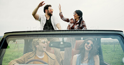 Buy stock photo Road trip, high five and group of friends in truck for holiday, journey and exploring together. Happy, travel and people in vehicle for bonding outdoor for sightseeing in countryside for vacation.