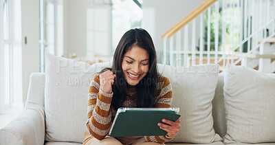 Buy stock photo Success, tablet and fist pump with woman on sofa for online casino game, jackpot prize and streaming. Digital gambling app, winner and virtual card dealer with person in living room of home for bonus