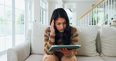 Buy stock photo Woman, headache and tablet on sofa in home, stress and frustrated for glitch, mistake or error in lounge. Person, tech and migraine with pain, application and worry for phishing scam on web at house
