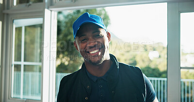 Buy stock photo Portrait, relax or black man with smile in home for peaceful morning, positive attitude or calm weekend. Happiness, resting indoor or person with cap by balcony door, holiday or chill on staycation