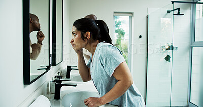 Buy stock photo Skincare, couple and check skin in mirror for acne treatment results, pimple control and grooming. Reflection, people and face inspection in home bathroom for glow benefits, dermatology and hygiene