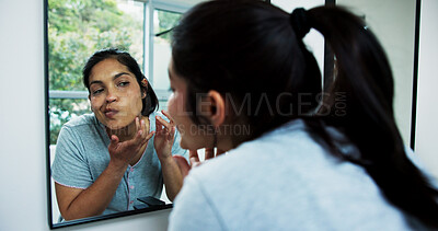 Buy stock photo Beauty, woman and check skin in mirror for skincare treatment results, acne control and grooming. Reflection, person and routine face inspection in home for glow benefits, pimple hydration or hygiene