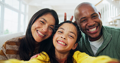 Buy stock photo Photography, selfie and parents with child in home, social media post and family bonding for happy memory. Pov, people and excited daughter with smile for profile picture, interracial and portrait