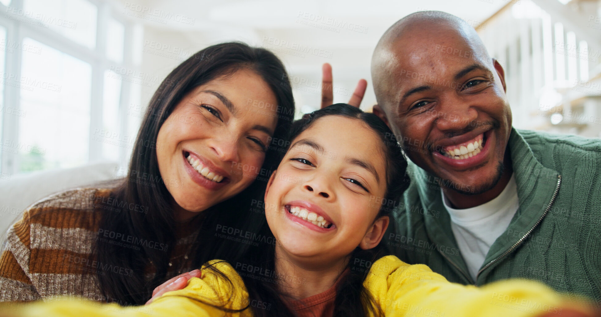 Buy stock photo Photography, selfie and parents with child in home, social media post and family bonding for happy memory. Pov, people and excited daughter with smile for profile picture, interracial and portrait