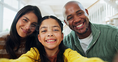 Buy stock photo Photography, selfie and parents with girl in house, social media post and family bonding for happy memory. Pov, people and excited child with smile for profile picture, interracial and portrait