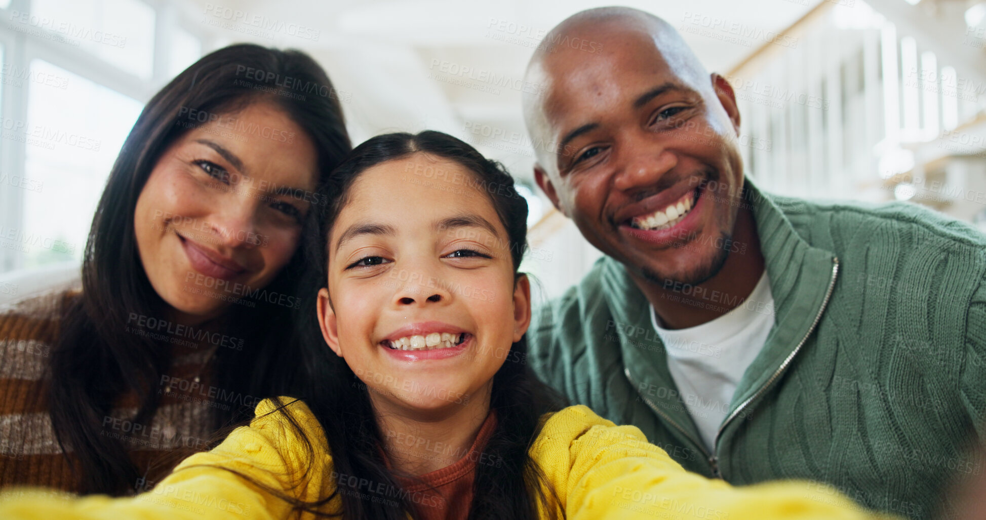 Buy stock photo Photography, selfie and parents with girl in house, social media post and family bonding for happy memory. Pov, people and excited child with smile for profile picture, interracial and portrait