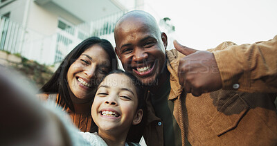Buy stock photo New home, backyard and selfie of parents with child for bonding, support and happy for relocation. Interracial family, pov and portrait of mom, dad and girl with thumbs up for love, memory and photo
