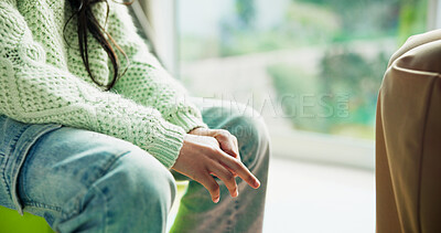 Buy stock photo Consulting, psychology and hands of child in office for trauma counseling, ptsd treatment and grief. Mental health, fear and stress with kid in pediatric clinic for therapy session and crisis support