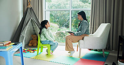 Buy stock photo Consulting, psychology and therapist with child in office for trauma counseling, ptsd treatment and grief. Mental health, fear and anxiety with kid in pediatric clinic for session and crisis support