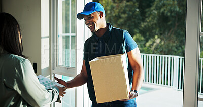 Buy stock photo Woman, box and happy delivery man with document at front door for ecommerce service, laugh or talk. Package, paperwork and courier speaking to customer for order, distribution and funny joke in home