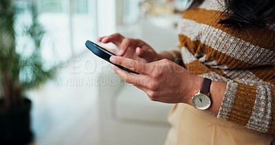 Buy stock photo Hands, phone and woman in home for online communication, social media or networking. Mobile app, person and check message in living room with notification, news or comment on internet forum with post