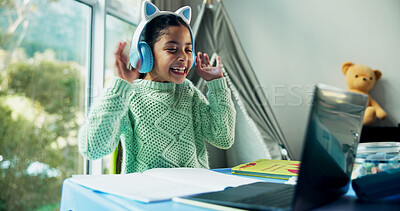 Buy stock photo Girl, happy and headphones with laptop for homeschool, online course and e learning for development in house. Kid, education and laugh with video call, joke or virtual class with talk at apartment