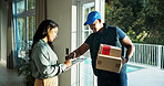 Delivery man, box and woman sign document at front door for ecommerce service or agreement. Package, courier and customer writing on paperwork for order, distribution and shipment proof in home