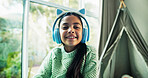 Portrait, girl or headphones in bedroom with smile for streaming music, online playlist or weekend break. Happy, child and relax in home with audio tech for kids radio, album or fun holiday activity.