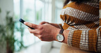 Hands, mobile and woman in home for online communication, social media or networking. Phone app, person and check message in living room with notification, news or comment on internet forum with post