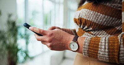 Buy stock photo Hands, mobile and woman in home for online communication, social media or networking. Phone app, person and check message in living room with notification, news or comment on internet forum with post