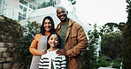 Happy, outdoor and portrait of parents with child at home together with bonding or connection. Smile, pride and girl kid with mother and father with love, care and family time in backyard at house.