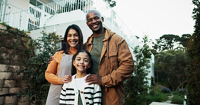 Buy stock photo Happy, outdoor and portrait of parents with child at home together with bonding or connection. Smile, pride and girl kid with mother and father with love, care and family time in backyard at house.