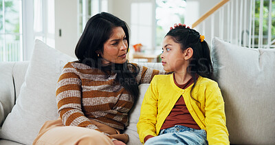 Buy stock photo Advice, conversation or support with mother and daughter on sofa in living room of home together. Bonding, relationship or relax with girl and woman parent in apartment for direction or guidance