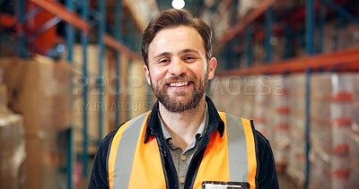 Buy stock photo Logistics, portrait or man in warehouse with smile, ambition or experience in stock delivery. Happiness, distribution or employee in depot with confidence, about us or pride in shipping industry.