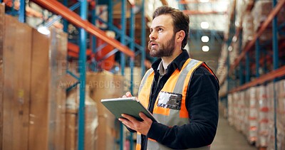 Buy stock photo Man, supplier or inspection with tablet in warehouse for inventory checklist or storage maintenance. Male person, distributor or checking cargo with technology for logistics or supply chain in depot