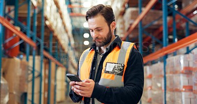 Buy stock photo Man, phone and worker in warehouse for shipping, distribution schedule or inventory management. Mobile, logistics and person with app to check stock, online communication and email for supply chain
