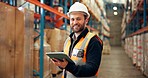 Distribution, portrait and man with tablet in warehouse, confident or research for quality assurance. Factory, distributor and person with tech for stock inventory, logistics and supply chain on web