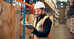 Man, logistics and reading on tablet in warehouse for supply chain, shipping info and quality control. Person, digital and review with inventory management, compliance and cargo inspection for export