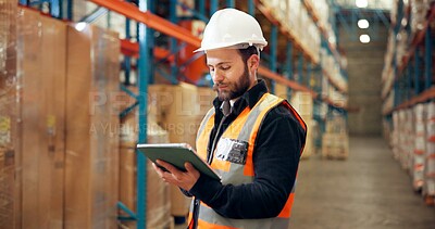 Buy stock photo Man, logistics and reading on tablet in warehouse for supply chain, shipping info and quality control. Person, digital and review with inventory management, compliance and cargo inspection for export