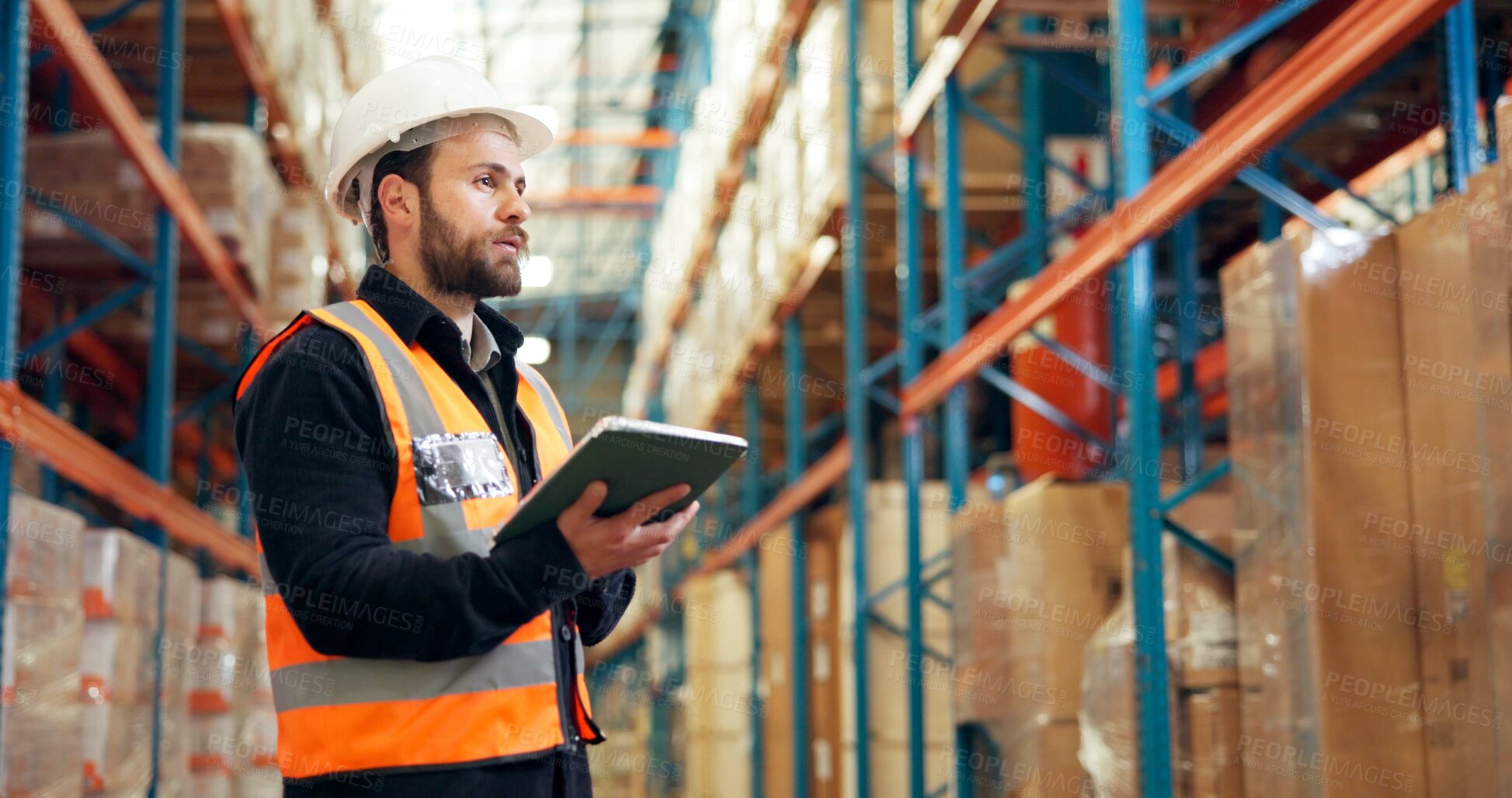 Buy stock photo Man, logistics or checking inventory with tablet in warehouse for inspection, checklist or storage. Male person, supplier or distributor with technology for distribution, cargo or supply chain depot