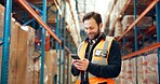 Supply chain, smartphone and man, in warehouse, smile and email for shipping schedule. Happy person, employee and inspection in factory, cellphone and internet with distribution, app and logistics