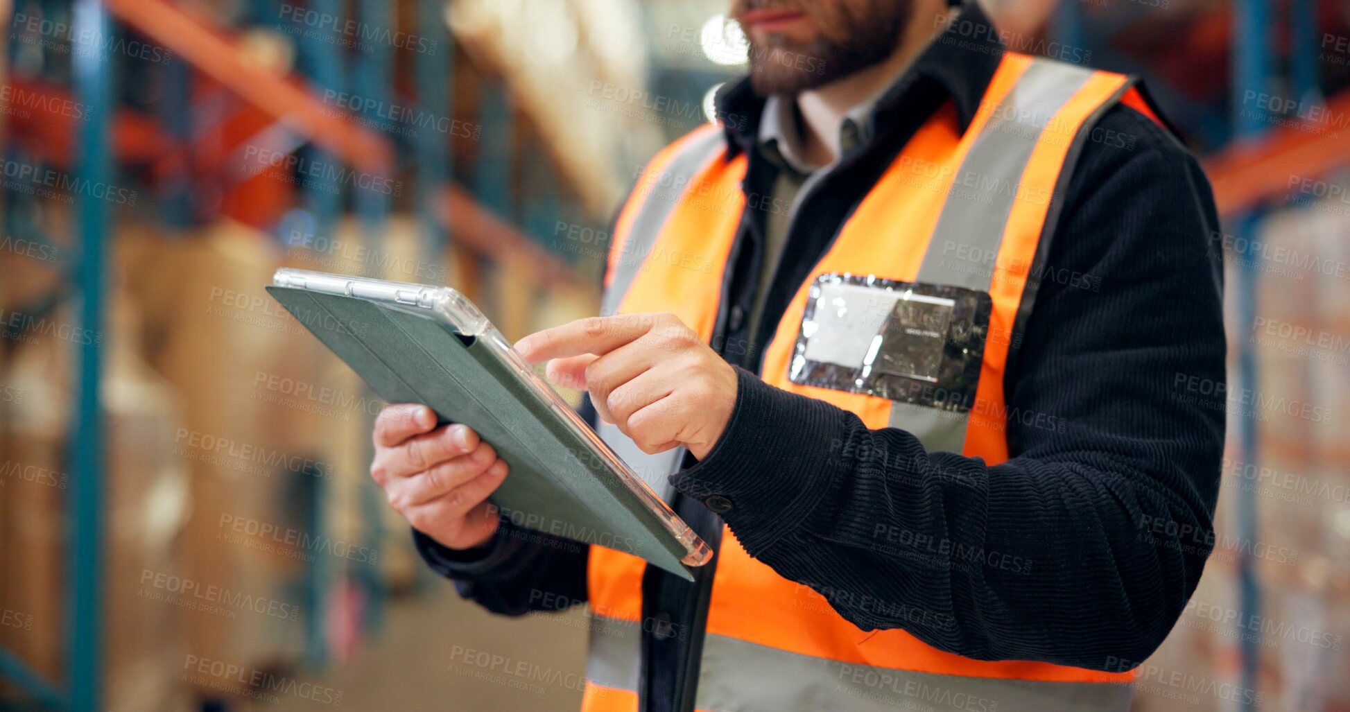 Buy stock photo Man, hands and inventory with tablet for storage checklist, maintenance or stock control in depot. Male person, supplier or distributor with technology for logistics, distribution or supply chain