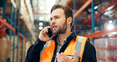 Buy stock photo Man, talk and phone call in warehouse with logistics, feedback and discussion for supply chain. Manager, person or conversation in distribution center with tech for contact, shipping or stock export.