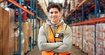Logistics, portrait or man in depot with arms crossed, ambition or experience in stock delivery. Smile, distribution or employee in warehouse with confidence, about us or pride in shipping industry.