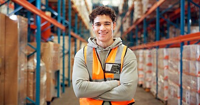 Buy stock photo Logistics, portrait or man in depot with arms crossed, ambition or experience in stock delivery. Smile, distribution or employee in warehouse with confidence, about us or pride in shipping industry.