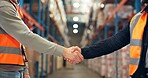 Supply chain, handshake and men in warehouse, closeup and logistics with partnership. Employees, greeting and shaking hands in factory, distribution and onboarding with welcome, deal and introduction