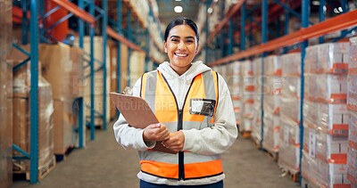 Buy stock photo Logistics, portrait and woman with clipboard in warehouse, distribution and info for quality control. Factory, distributor and person with checklist for stock inventory, supply chain and shipping