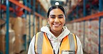 Logistics, portrait or woman in warehouse with smile, ambition or experience in stock delivery. Happy, distribution or employee in depot with confidence, about us or pride in shipping industry.