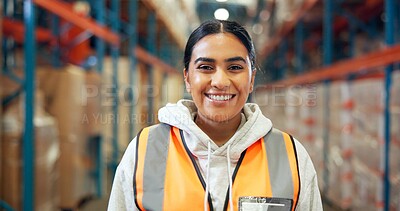 Buy stock photo Logistics, portrait or woman in warehouse with smile, ambition or experience in stock delivery. Happy, distribution or employee in depot with confidence, about us or pride in shipping industry.