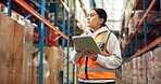 Logistics, thinking and woman with tablet in warehouse, distribution and info for quality assurance. Reflection, distributor and person with tech for stock inventory, supply chain or goods in factory
