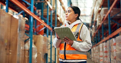 Buy stock photo Logistics, thinking and woman with tablet in warehouse, distribution and info for quality assurance. Reflection, distributor and person with tech for stock inventory, supply chain or goods in factory