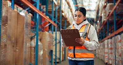 Buy stock photo Logistics, reading and woman with clipboard in warehouse, distribution and info for quality control. Factory, distributor and person with checklist for stock inventory, supply chain and shipping
