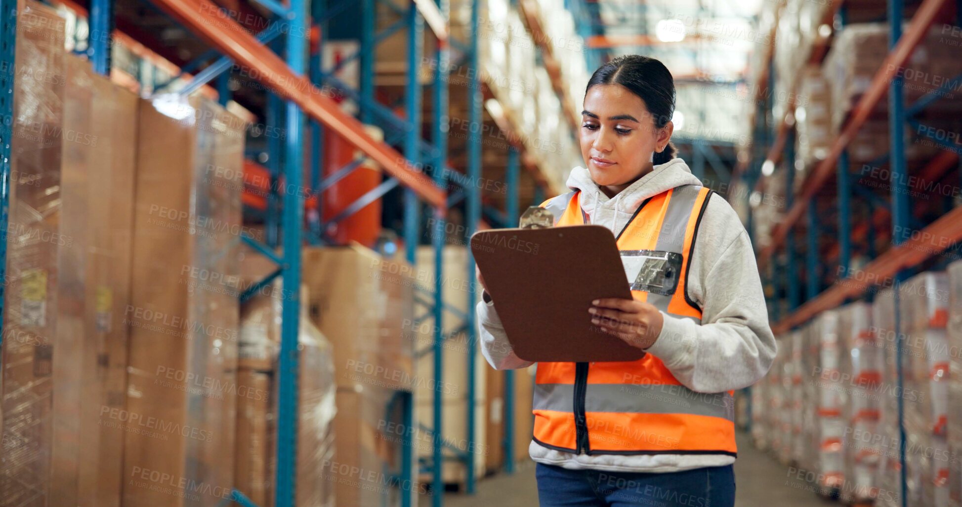 Buy stock photo Logistics, reading and woman with clipboard in warehouse, distribution and info for quality control. Factory, distributor and person with checklist for stock inventory, supply chain and shipping