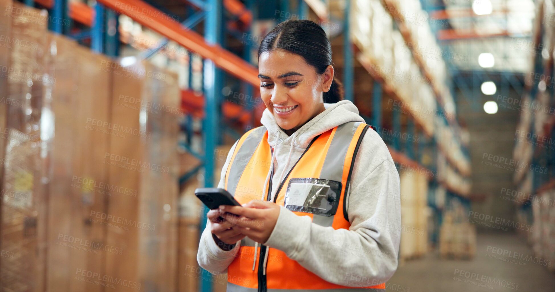 Buy stock photo Woman, phone and worker in warehouse for shipping, distribution schedule or inventory management. Mobile, logistics and happy person with app for stock, online communication or email for supply chain