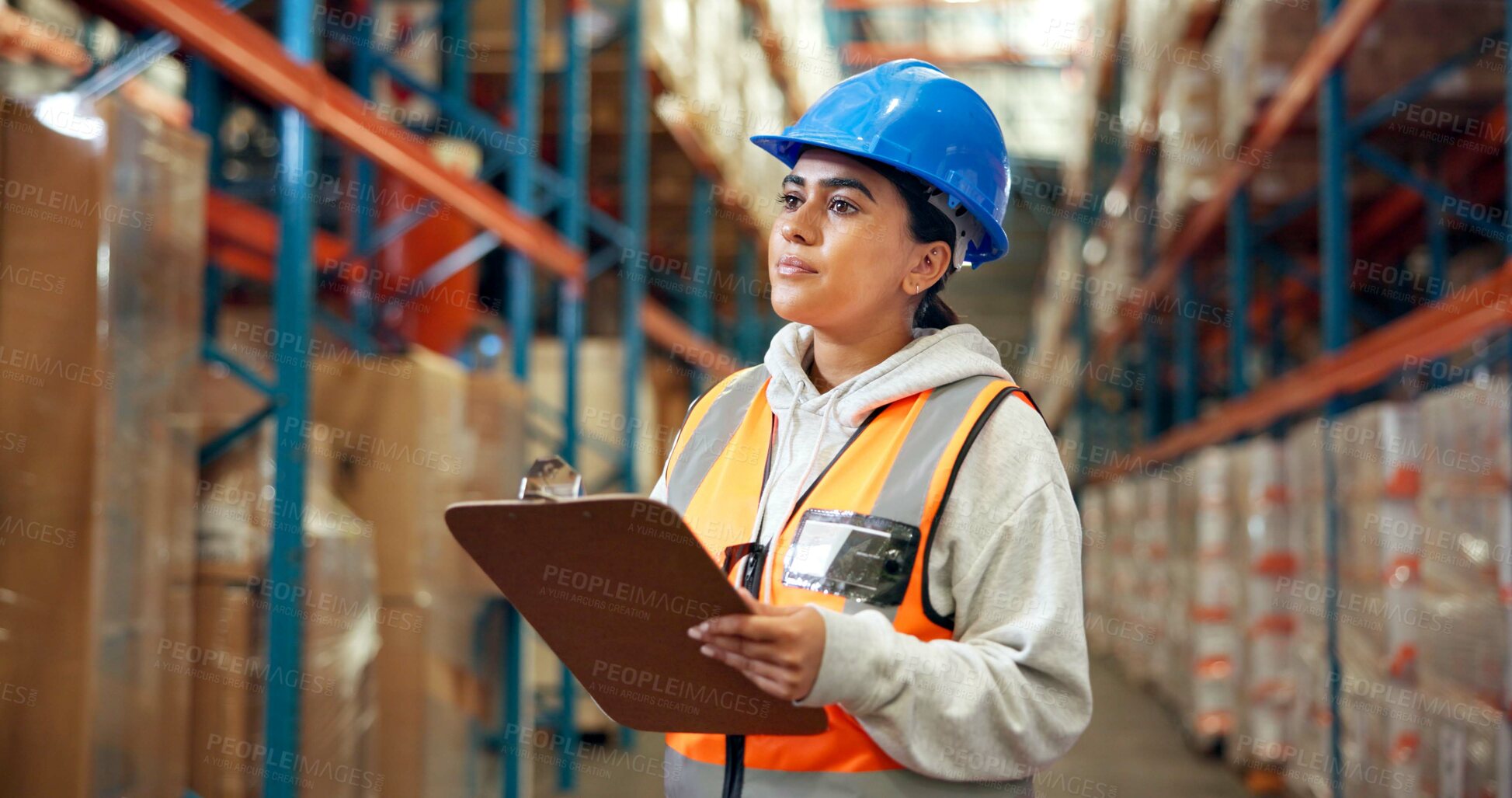 Buy stock photo Logistics, thinking and woman with clipboard in warehouse, distribution and info for quality control. Factory, distributor and person with checklist for stock inventory, supply chain and reflection