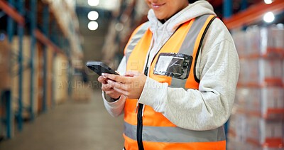 Buy stock photo Hands, phone and woman in warehouse for distribution, shipping schedule or inventory management. Mobile, logistics worker and happy person check stock, online communication and email for supply chain