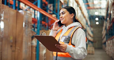 Buy stock photo Woman, talk or phone call in warehouse with clipboard, feedback or discussion for supply chain. Person, checklist or conversation in distribution center with tech for contact, shipping and logistics.